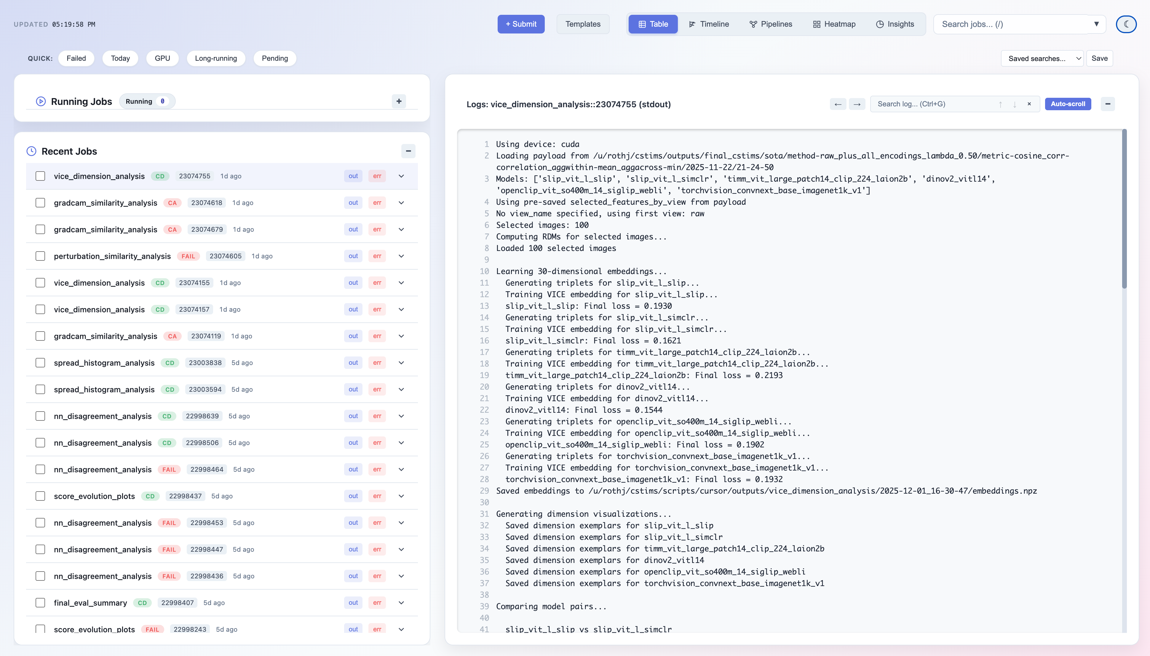 Slurmboard interface showing job management